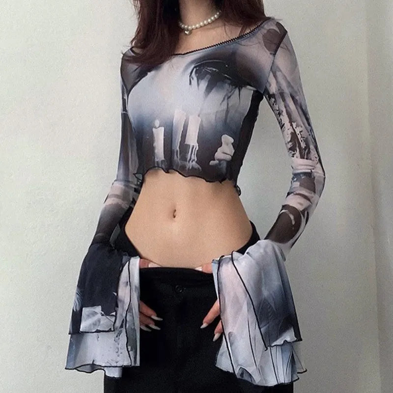 Black Gothic Flare Cotton Polyester Blend Womens Top
