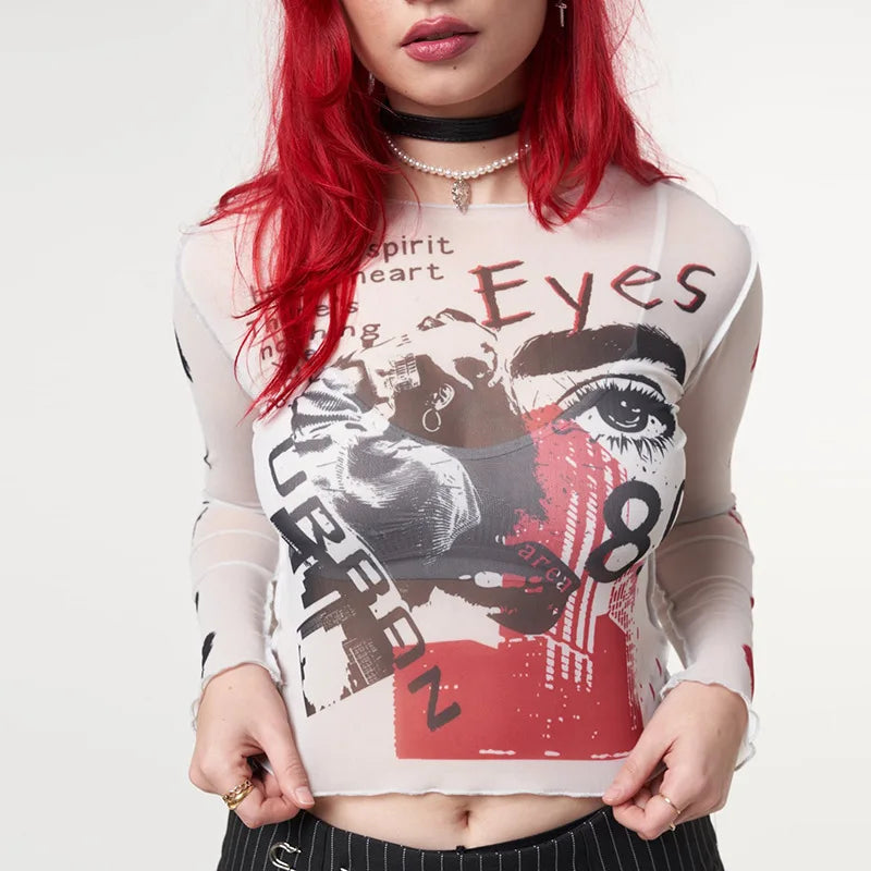 White Mesh & Polyester Blend Womens Top