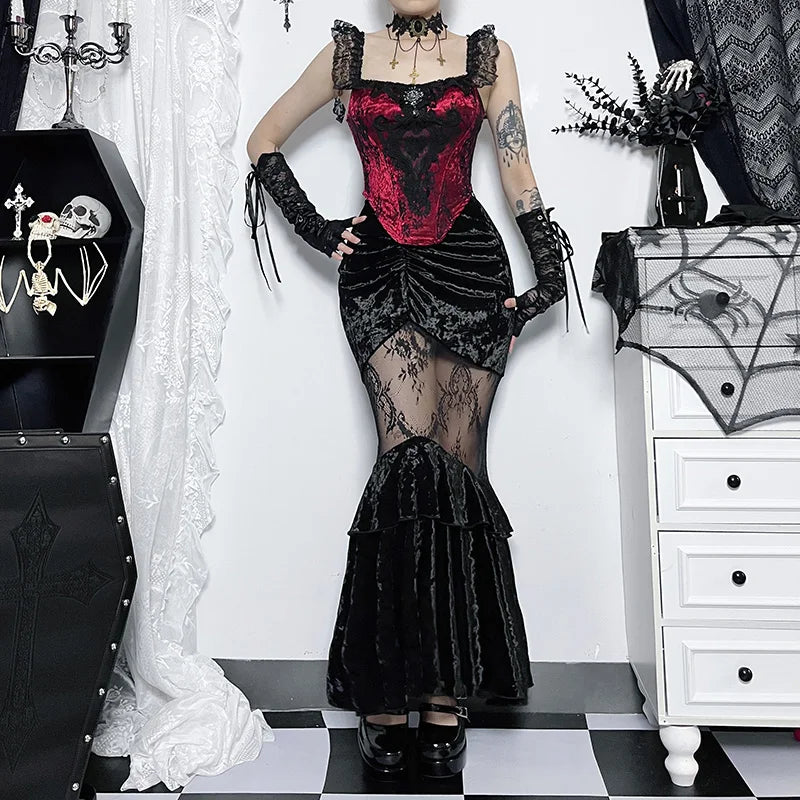 Velvet Gothic Skirt in Black & Red - Premium Womens Style