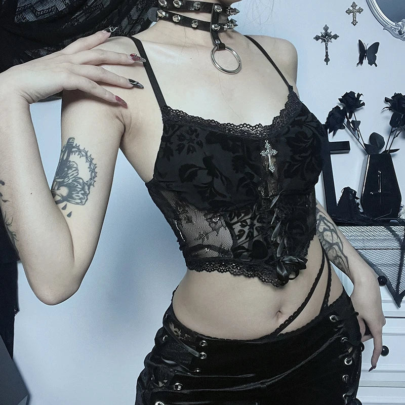 Gothic Style Cotton Polyester Womens Top in Black