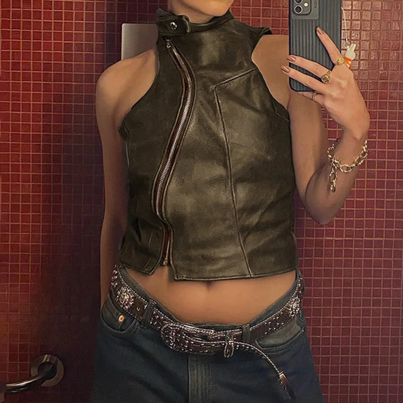 Brown PU Leather Vintage Womens Top - Limited Edition
