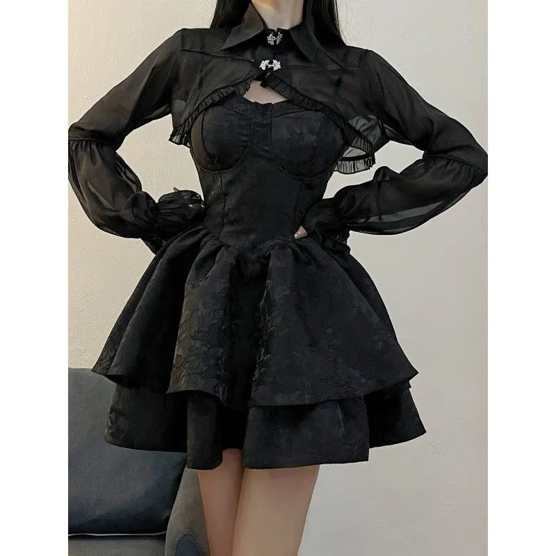 Chic Vintage Black Cotton-Polyester Blend Dress