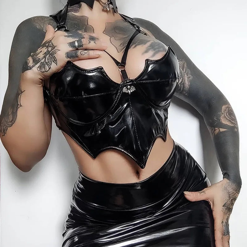 Elegant Black Leather Goth Top for Women