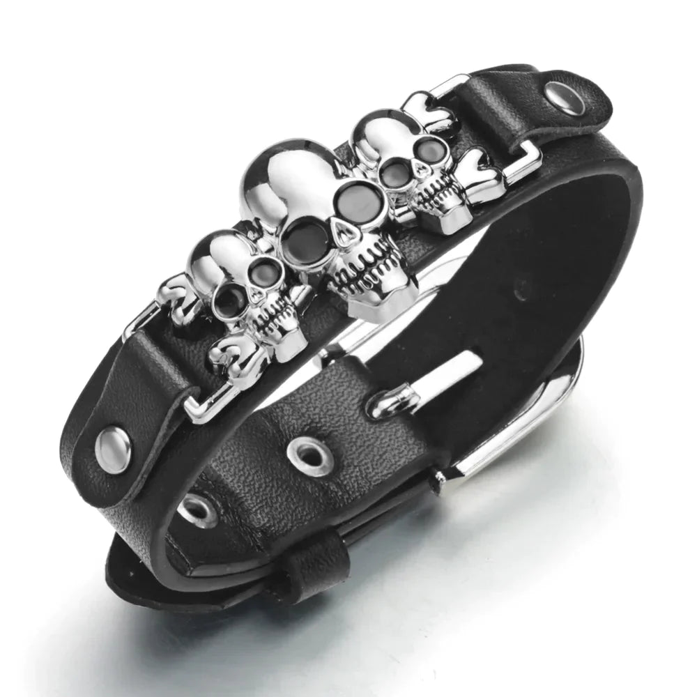 Skull Print Leather Bracelet - Stylish Gothic Mens Wristband
