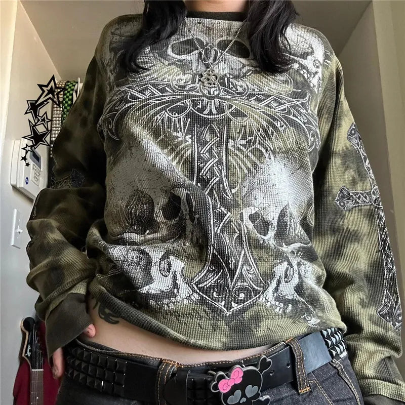 Green Skull Print Womens Sweater - Premium Cotton Blend