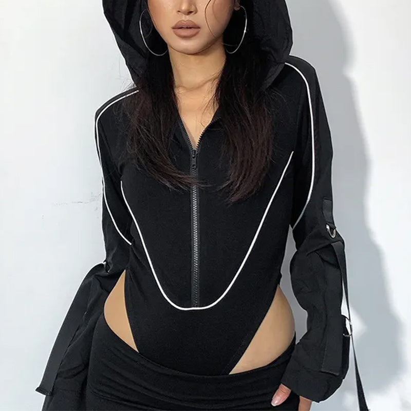 Black Hooded Bodysuit for Women Premium Cotton Polyester Blend
