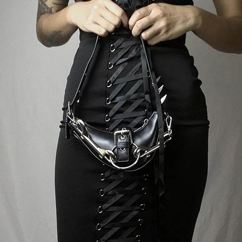 Elegant Black Gothic PU Leather Handbag - 20cm Length
