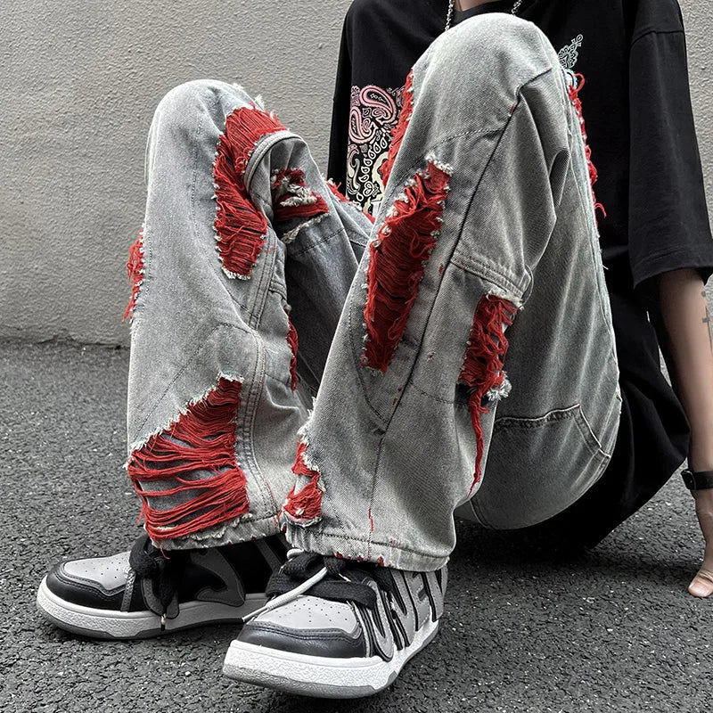 Ripped Denim Jeans for Men - Stylish Red Distressed Jeans