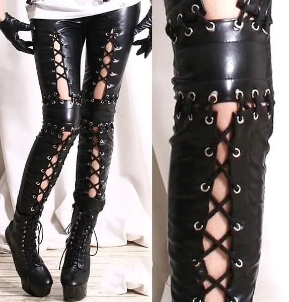 Black Gothic Hollow Out Leggings Womens Premium Cotton Polyester Blend