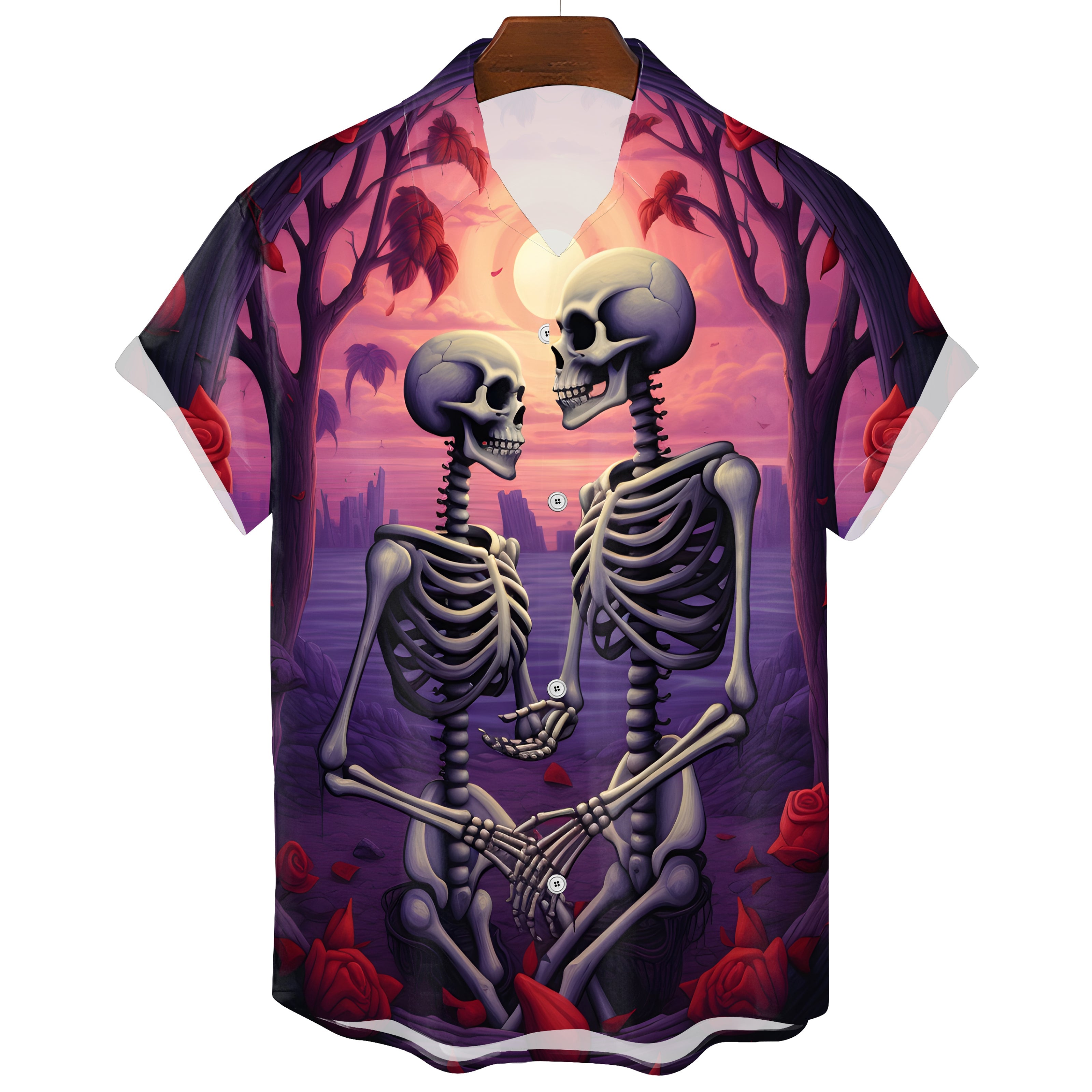 Skull Print Hawaiian Mens T-Shirt Black Premium Blend
