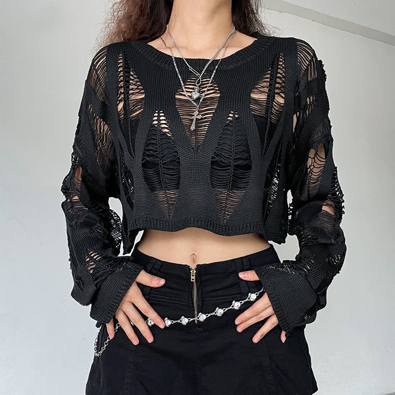 Womens Gothic Hollow Crochet Sweater in Black