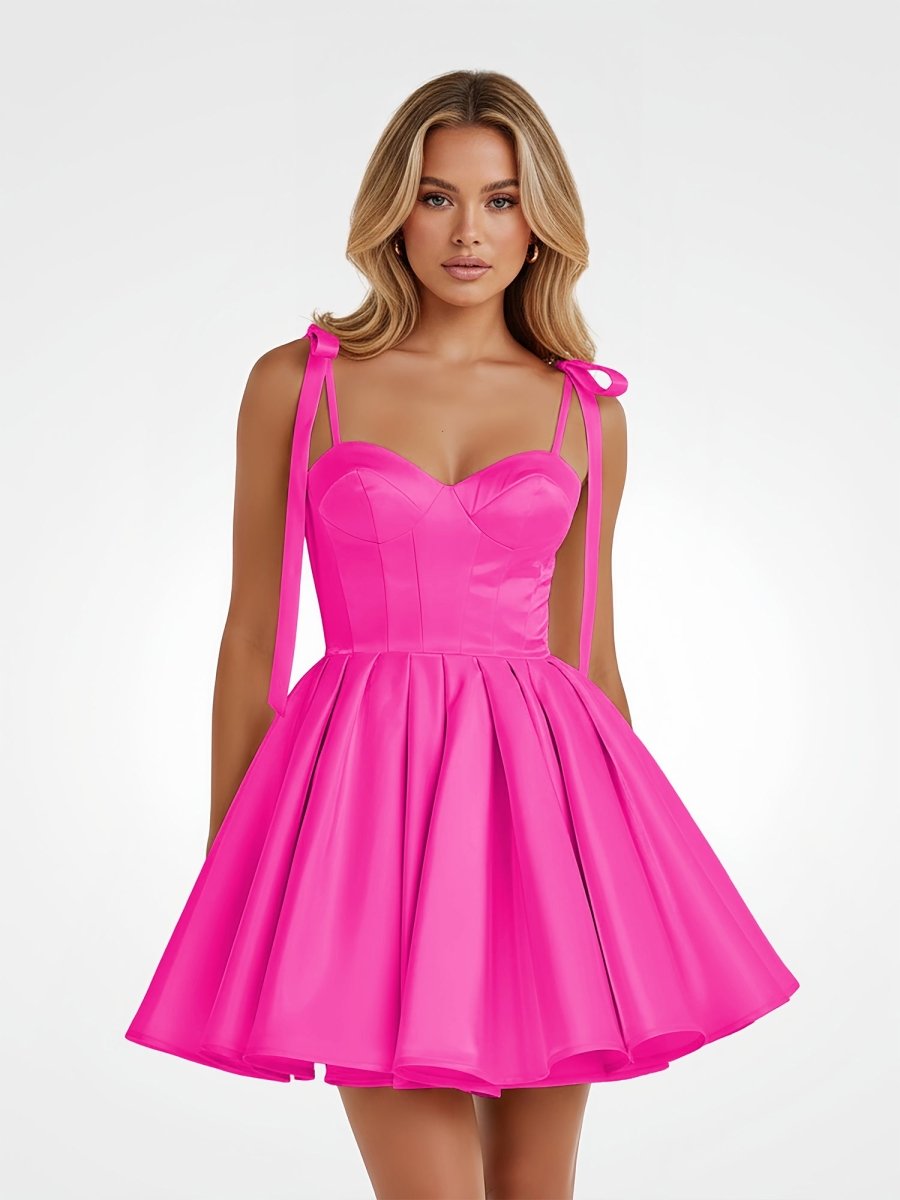 Hot Pink Satin A-Line Homecoming Dress with Bow Detail