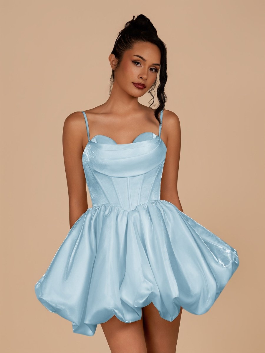 Sky Blue A-Line Bubble Hem Satin Corset Sweetheart Homecoming Dress
