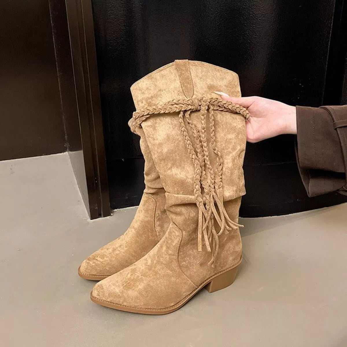 Apricot Point Toe Block Heels Boots - Womens Mid Heel Shoes