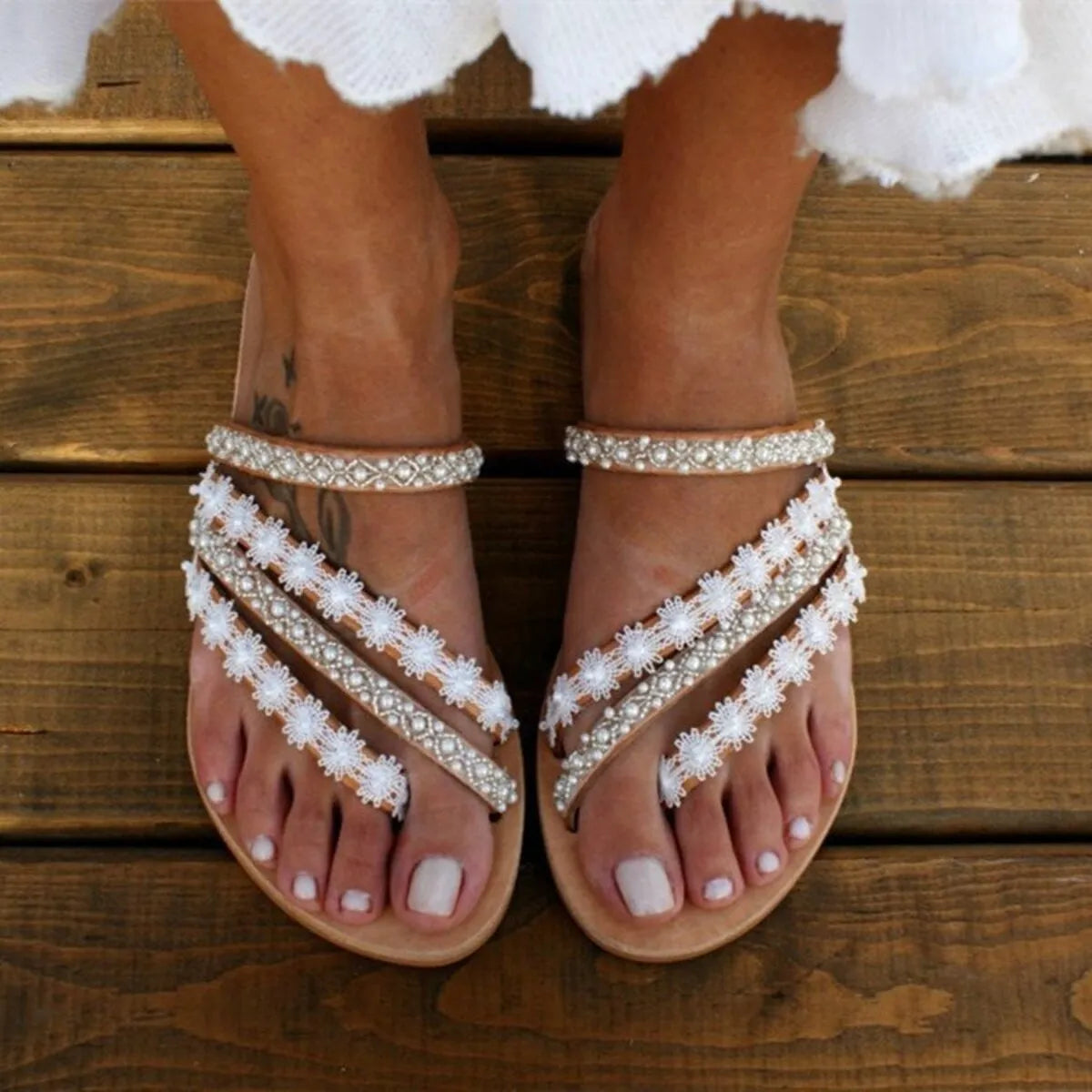 White Rhinestone Embellished Flat Sandals