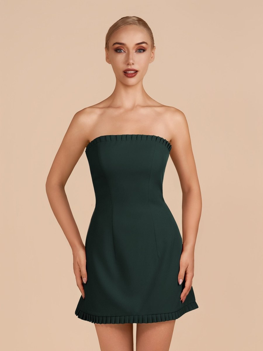 Dark Green Satin A-Line Homecoming Dress - Strapless Ruffles