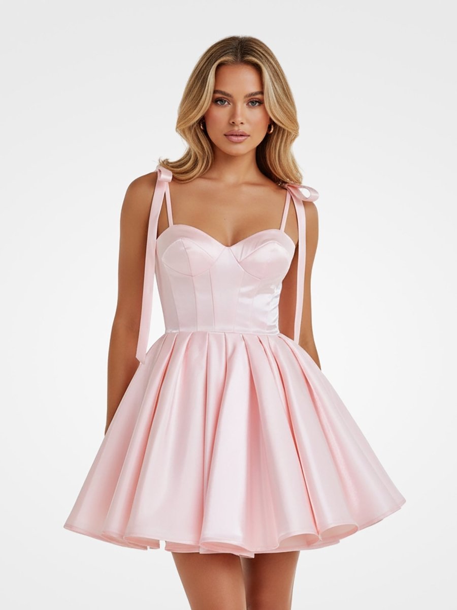 Pink Satin Pleated A-Line Homecoming Dress with Bow Detail