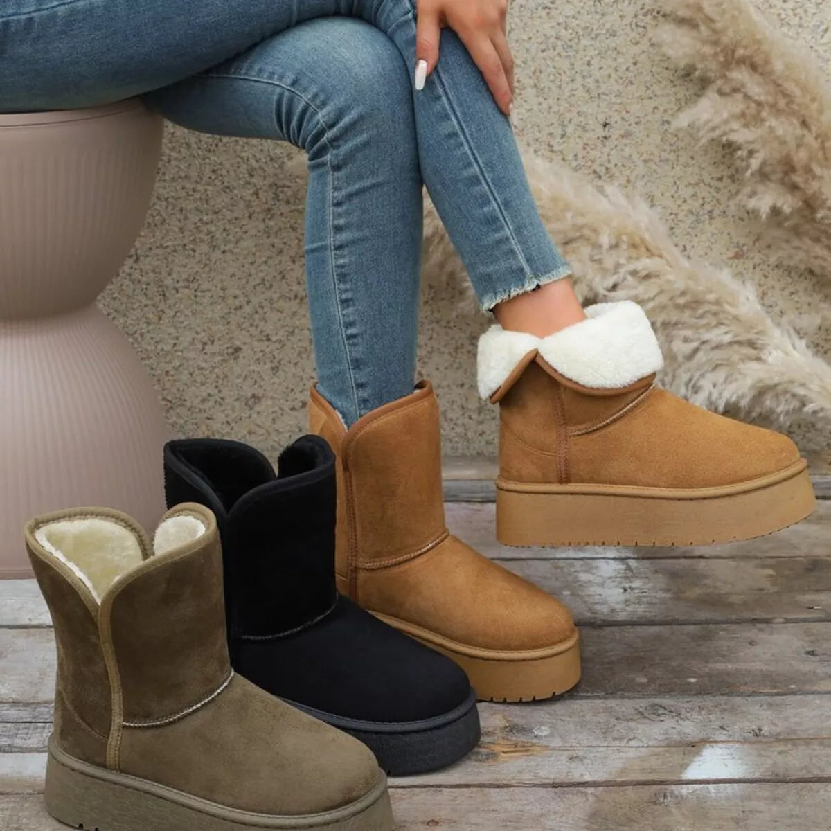 Green Platform Boots for Women with Fluff Detail