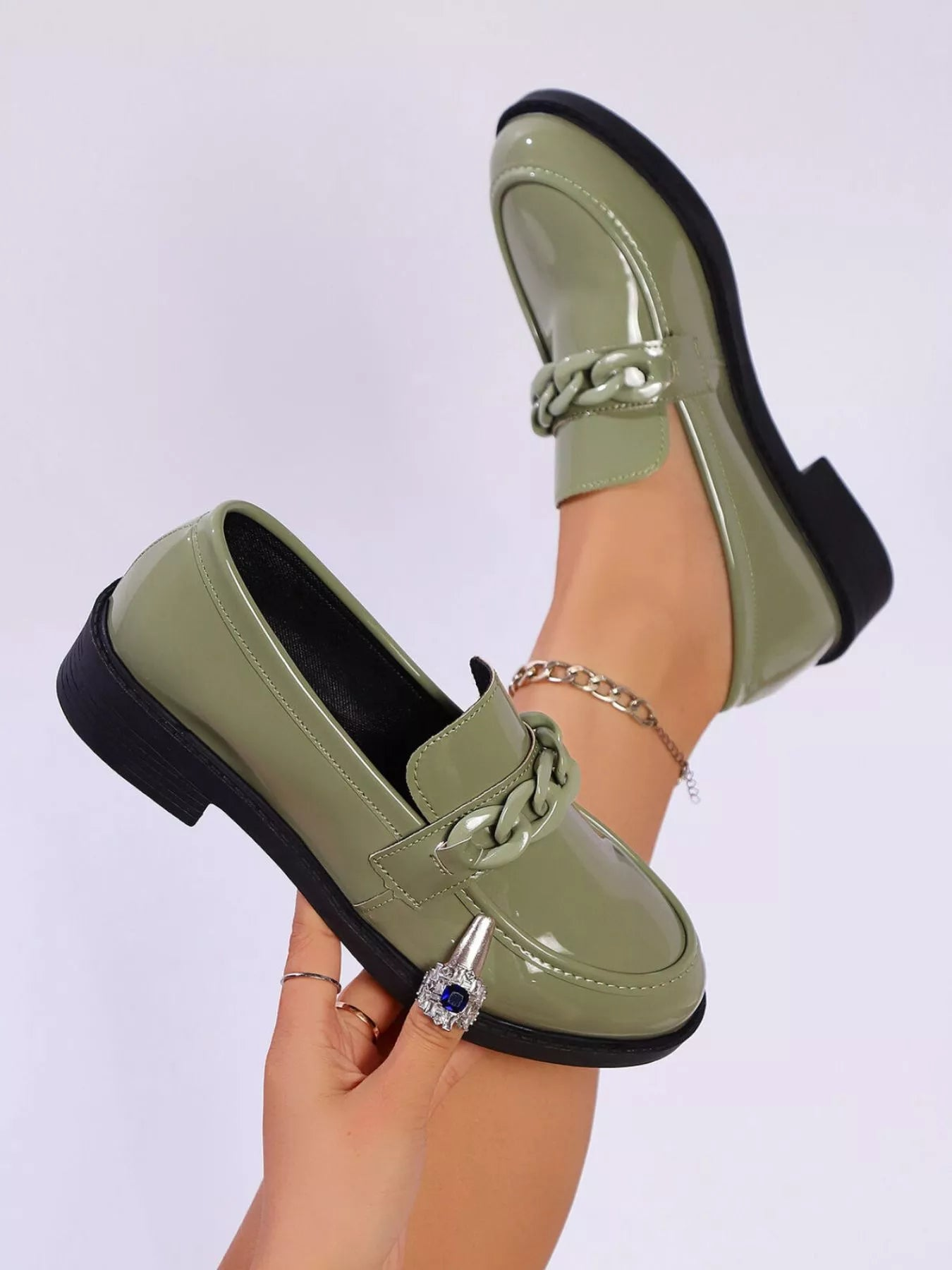 Pink Chain Detail Loafers - Stylish Low Heel Shoes