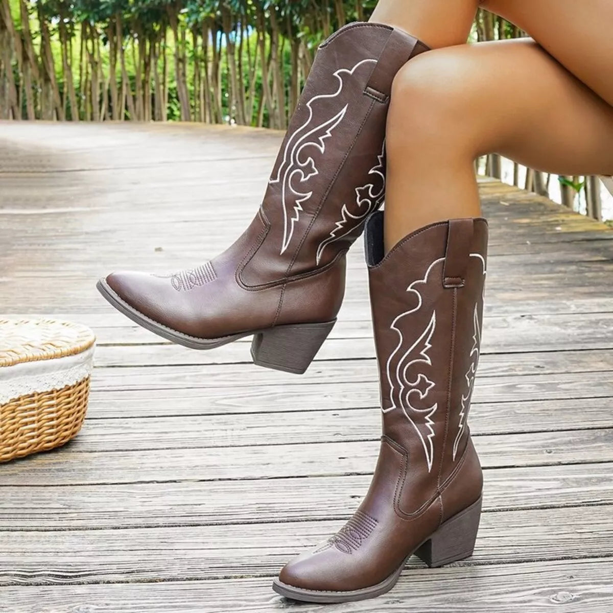 Leopard Embroidered Mid-Calf Boots Womens High Heel Shoes