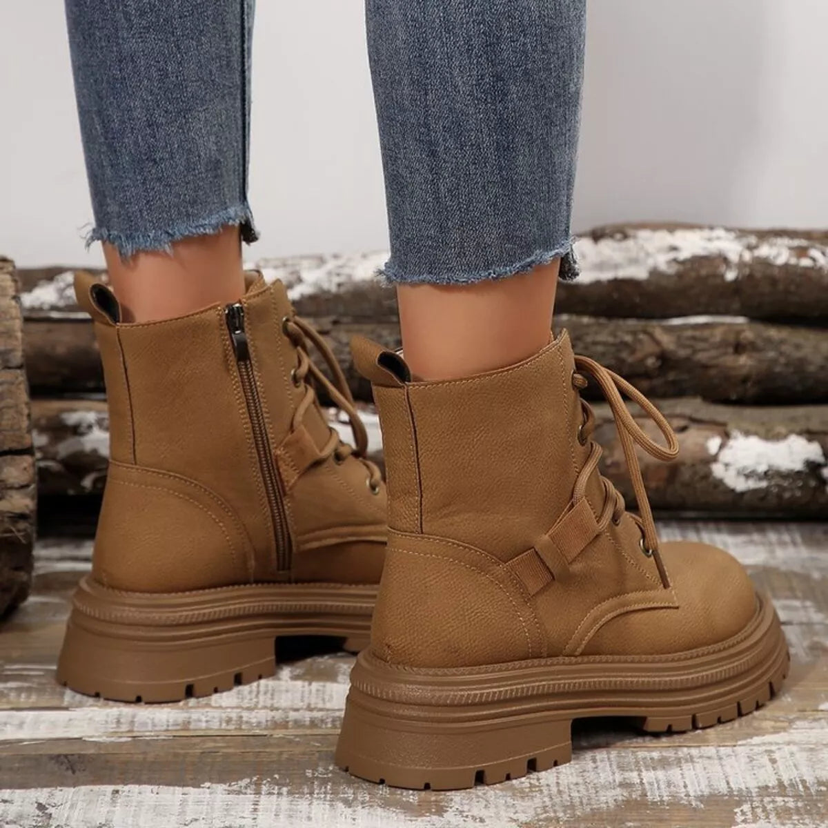 Brown Lace-Up Platform Boots - Mid Heel PU Leather Shoes