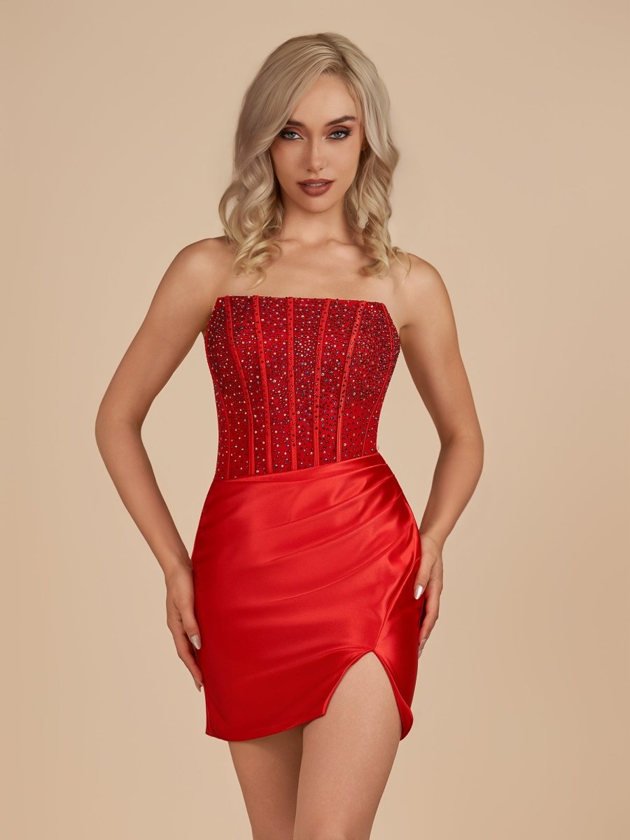 Red Satin Scoop Neck Homecoming Dress with Beadings