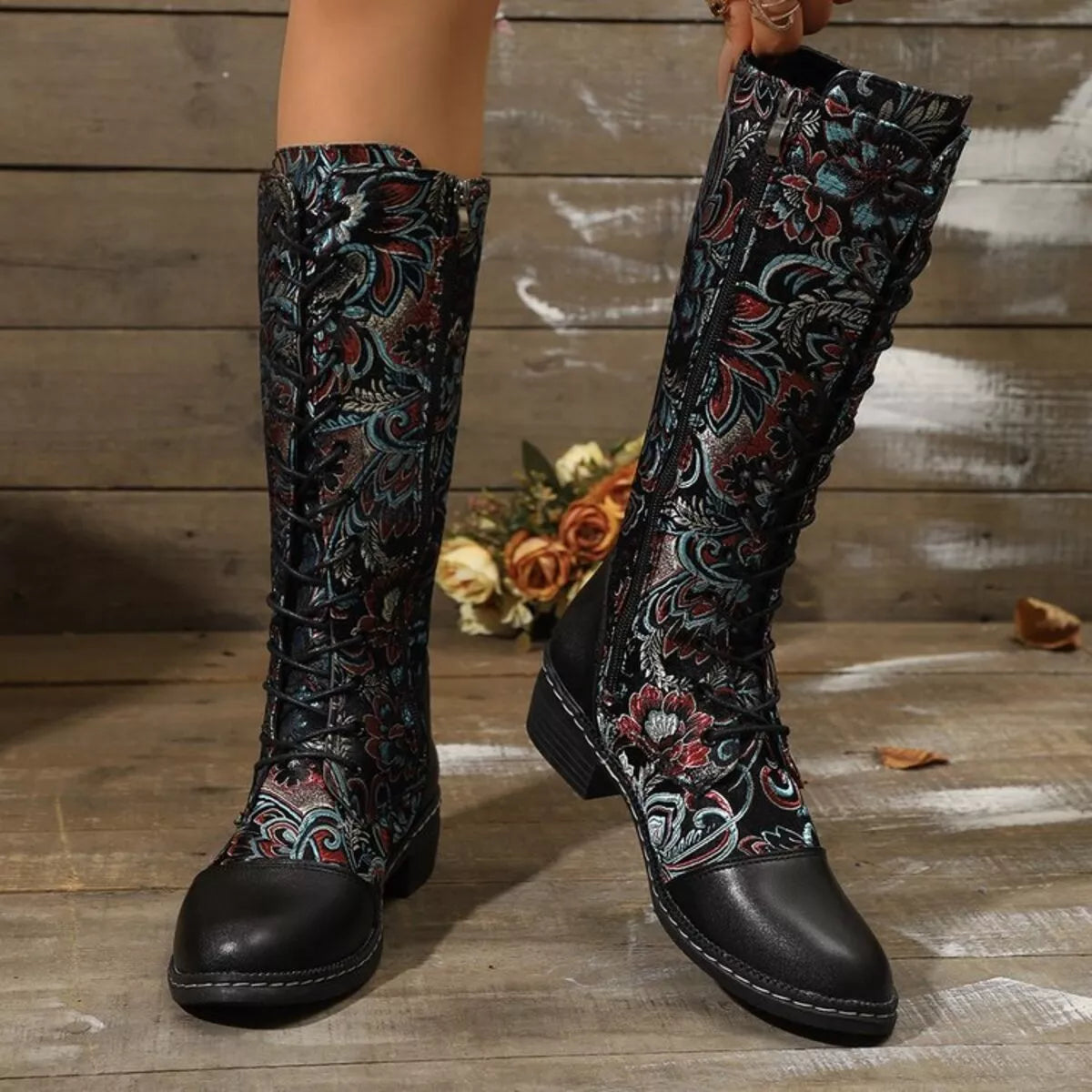 Yellow Lace Up Mid Heel Boots