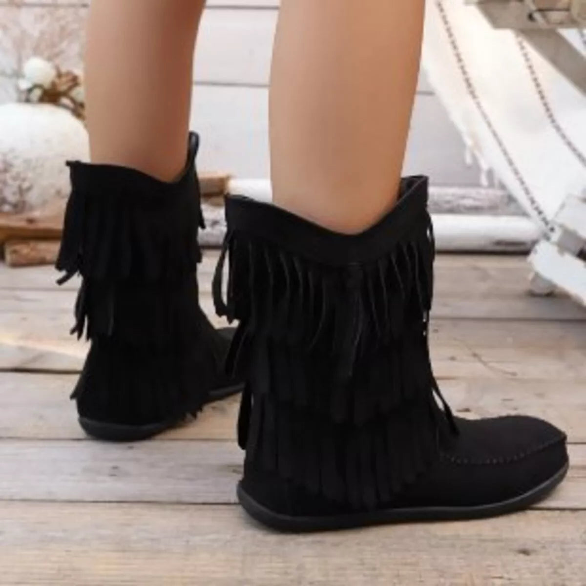 Black Fringe Low Heel Shoes - Elegant PU Leather Footwear