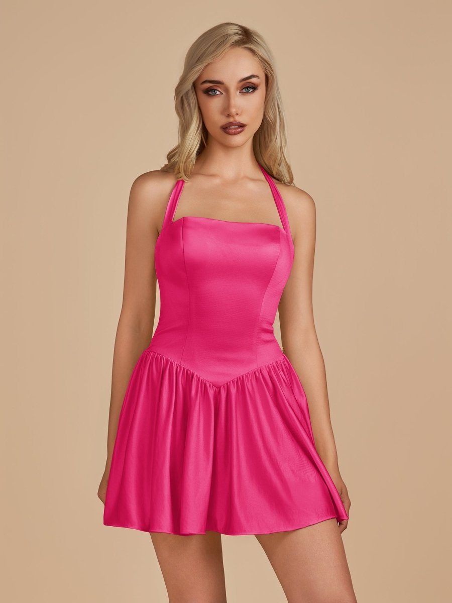 Fuchsia A-Line Satin Homecoming Dress - Halter Neckline