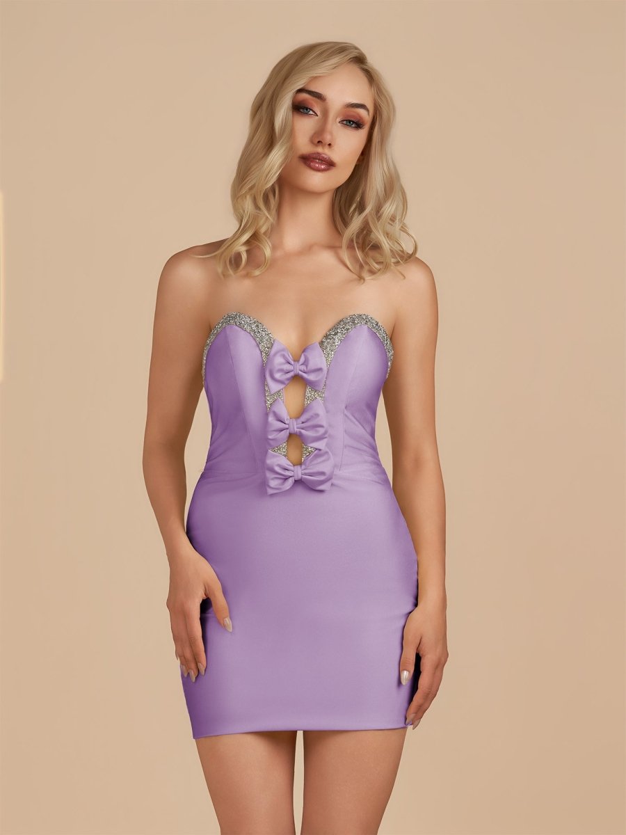 Lilac Strapless Cut Out Beaded Satin Homecoming Dress