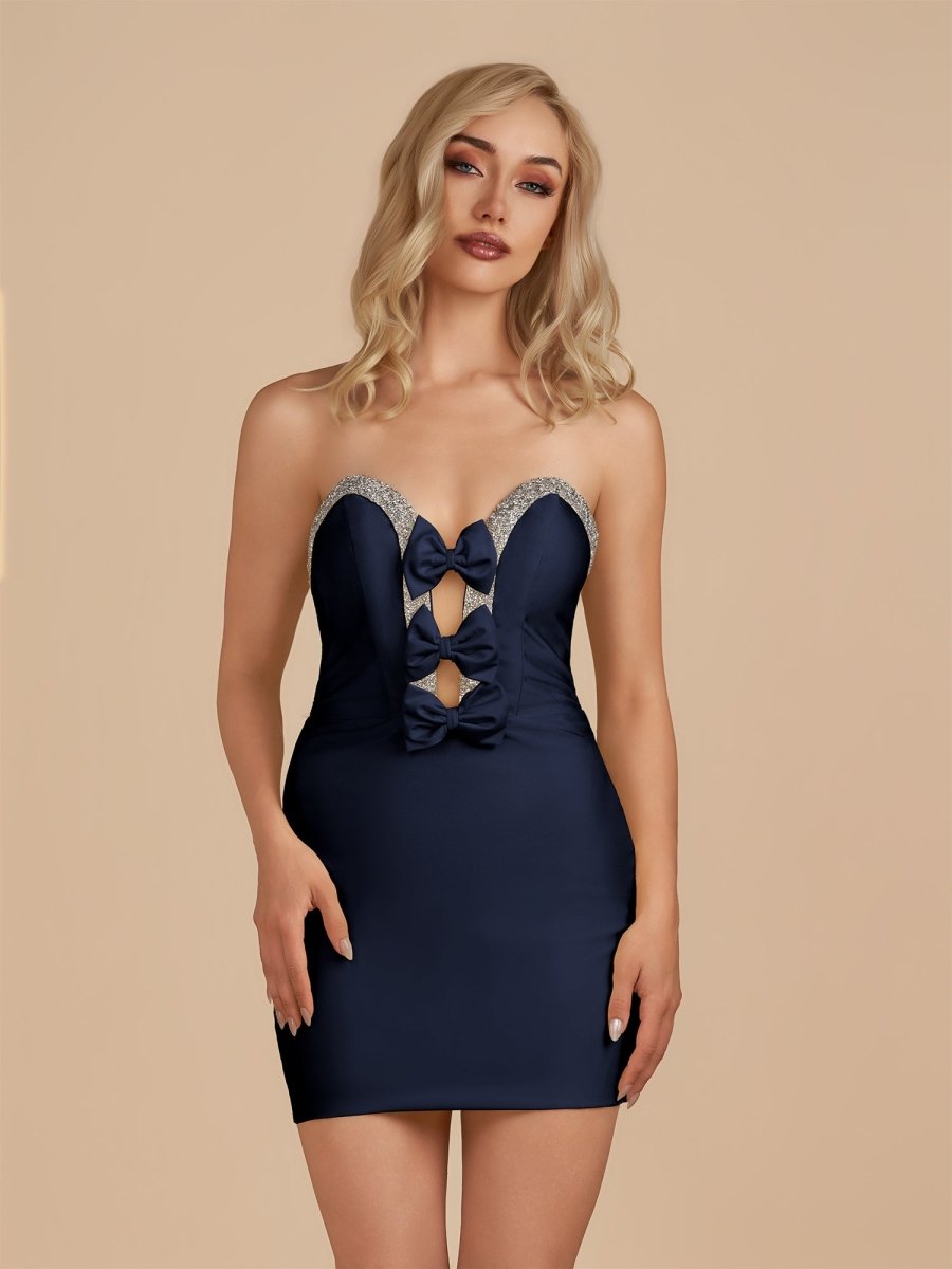 Strapless Navy Blue Satin Bodycon Mini Dress with Beading and Bows