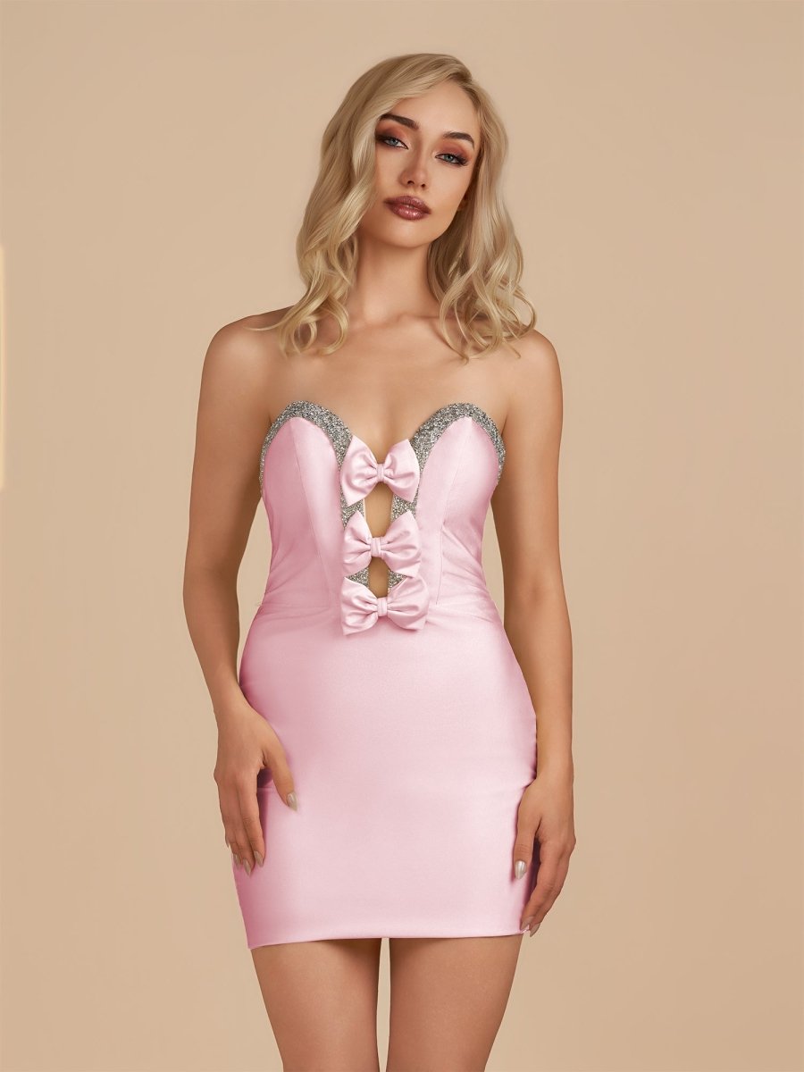 Pink Strapless Cut Out Satin Beaded Homecoming Dress