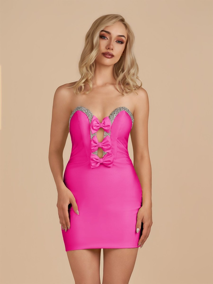 Fuchsia Satin Beaded Strapless Cut Out Bodycon Homecoming Dress