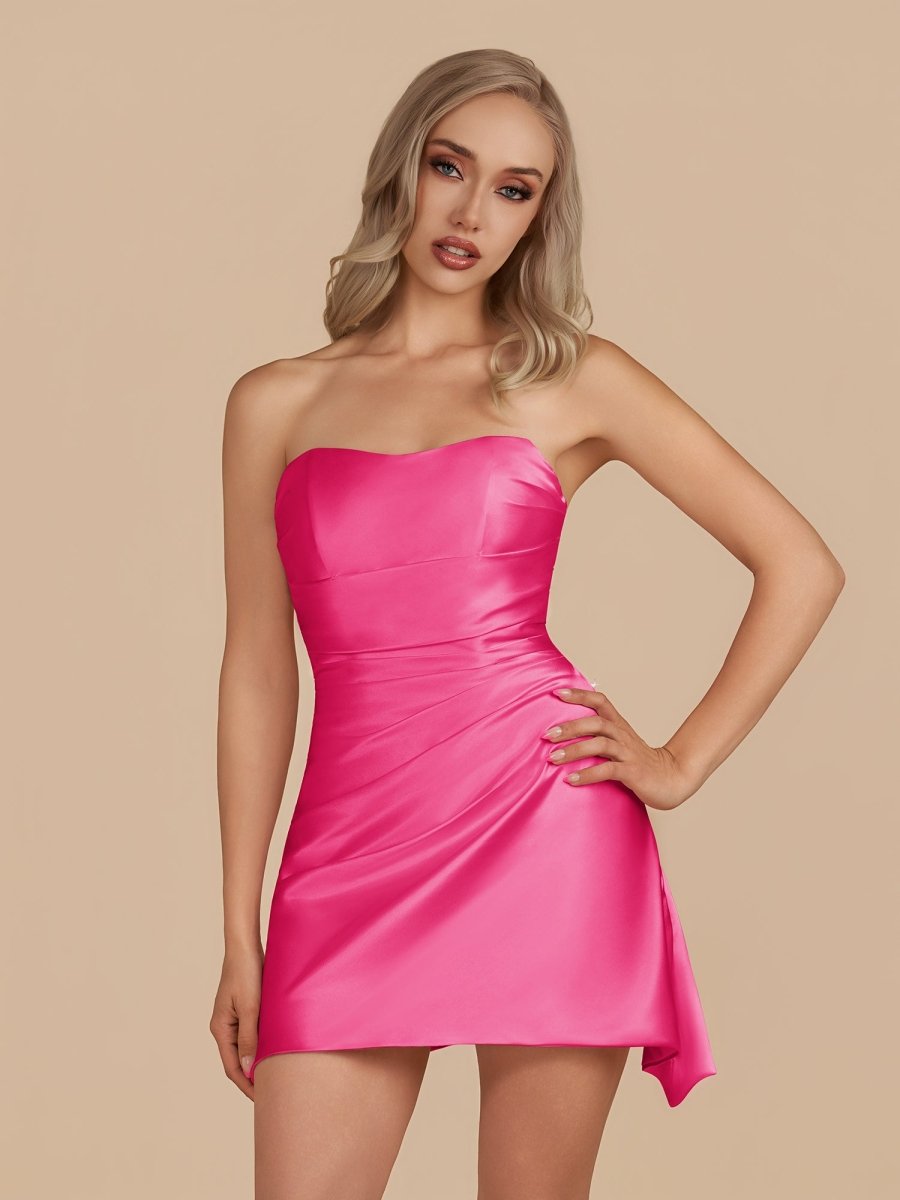 Strapless Satin Sheath Homecoming Dress - Fuchsia Irregular Hem