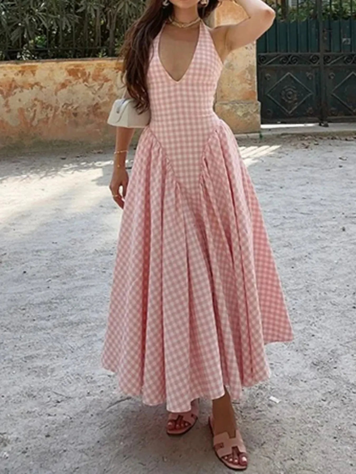 Blush Pink Gingham Halter Neck Maxi Dress