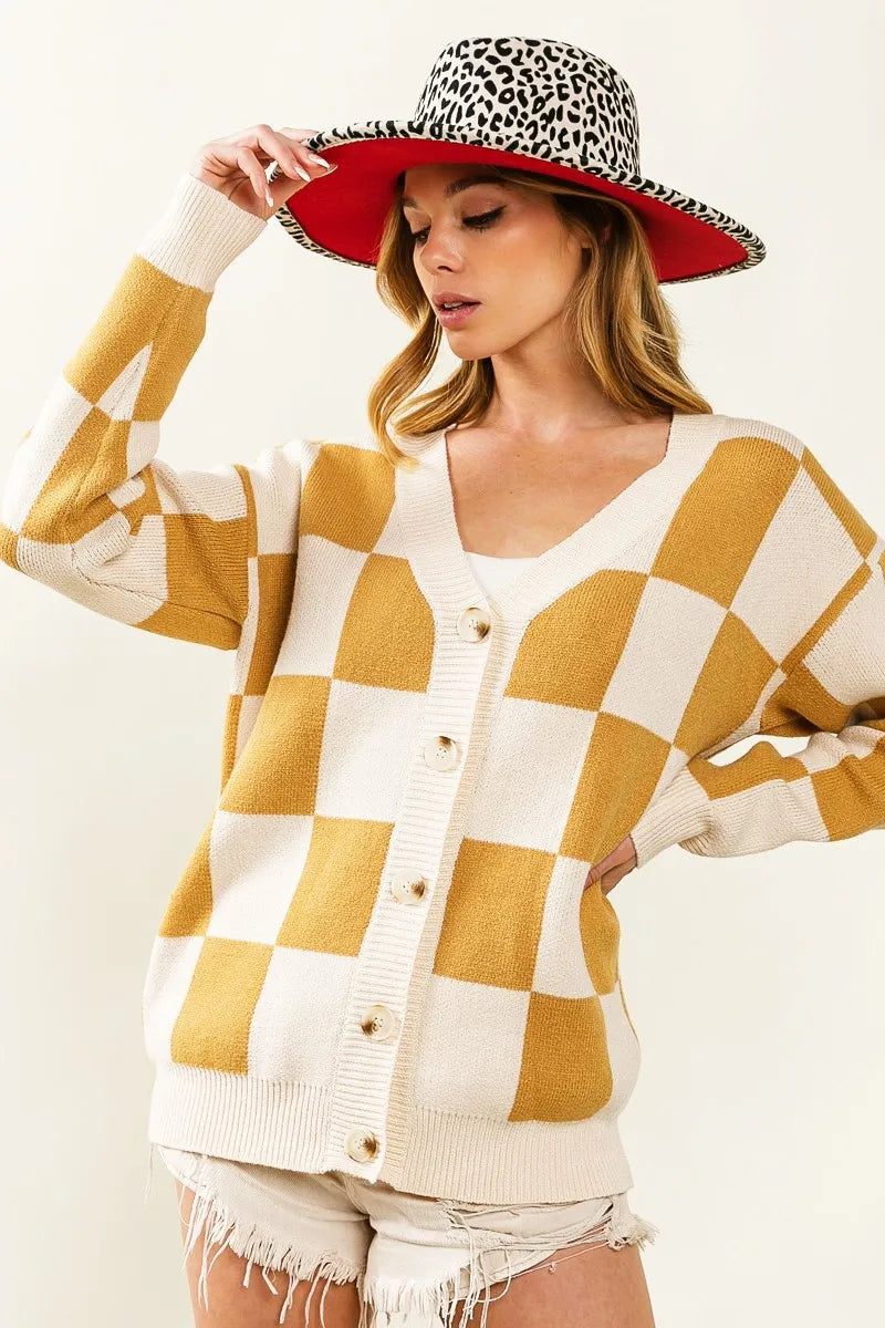 Mustard & Cream Checkered V-Neck Cardigan