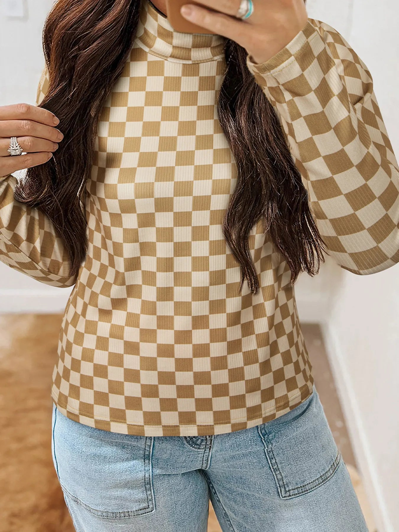 Slim Tan Turtleneck Tee for Stylish Comfort