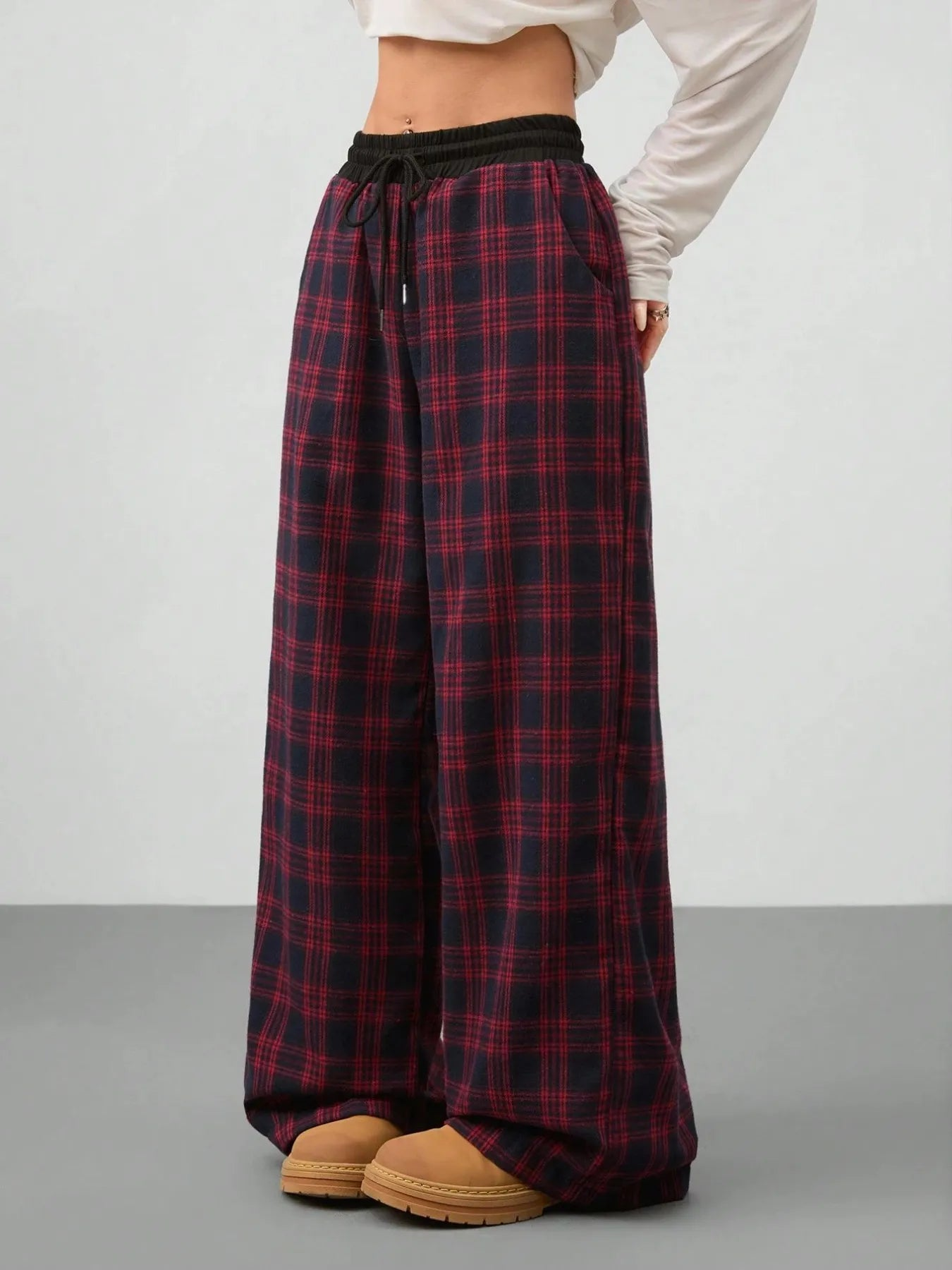 Plaid Drawstring Waist Wide Leg Pants