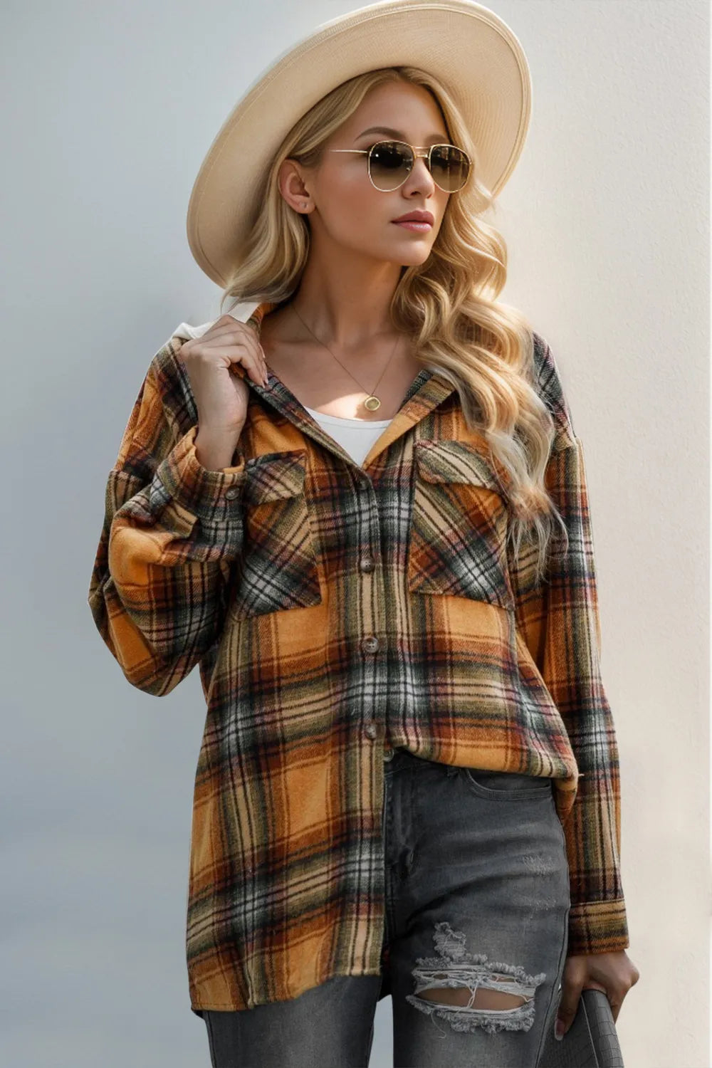 Plaid Hooded Drawstring Shacket for Men - Sherbet