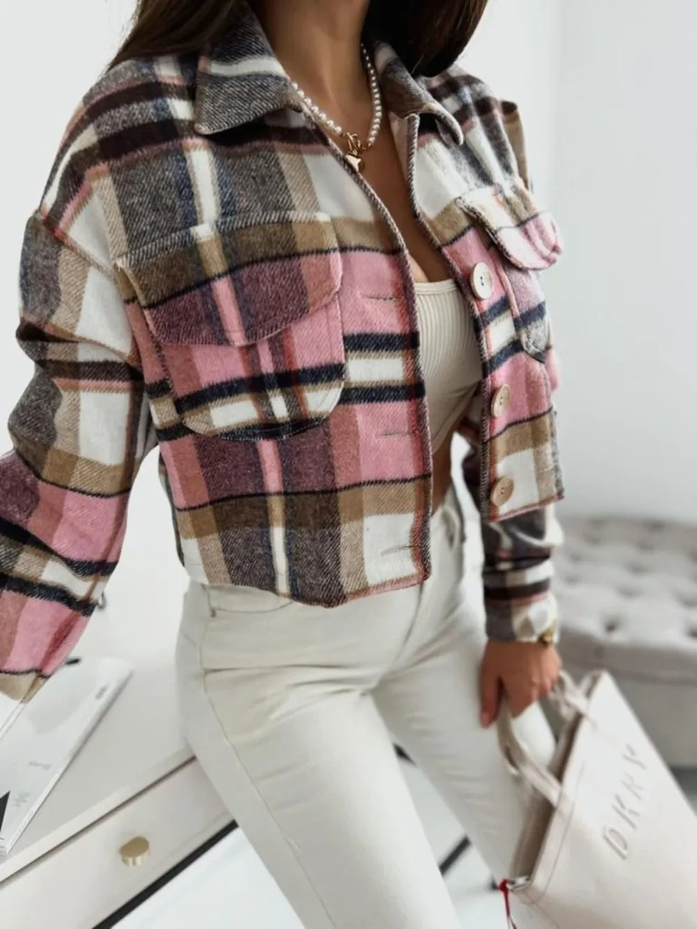 Plaid Long Sleeve Jacket with Collared Neck and Pockets
