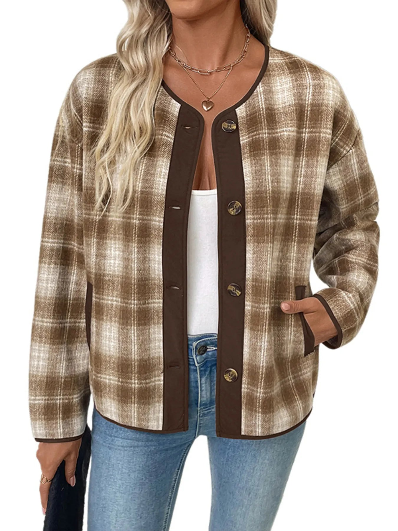 Plaid Button-Up Jacket in Khaki
