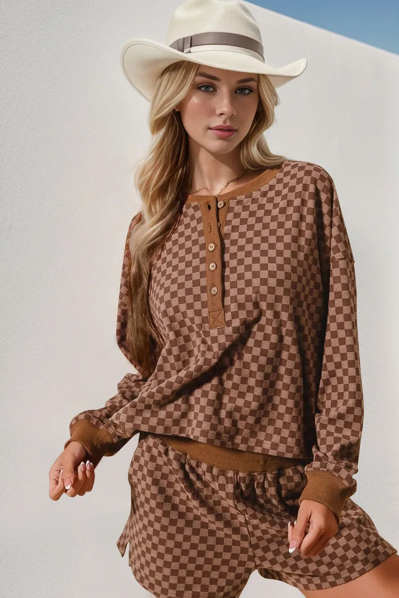 Checkered Button-Up Top and Shorts Set