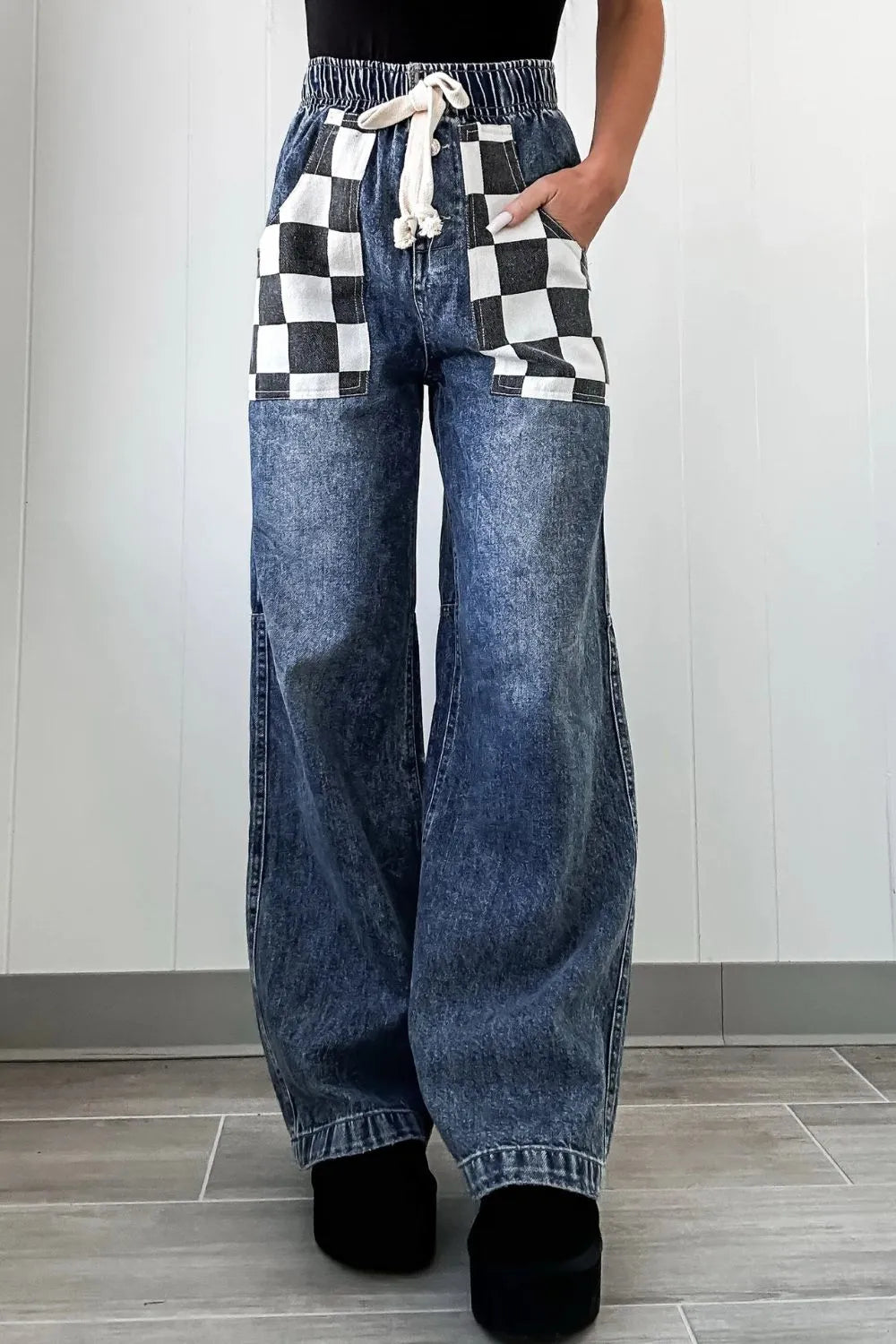 Plaid Wide Leg Denim Jeans