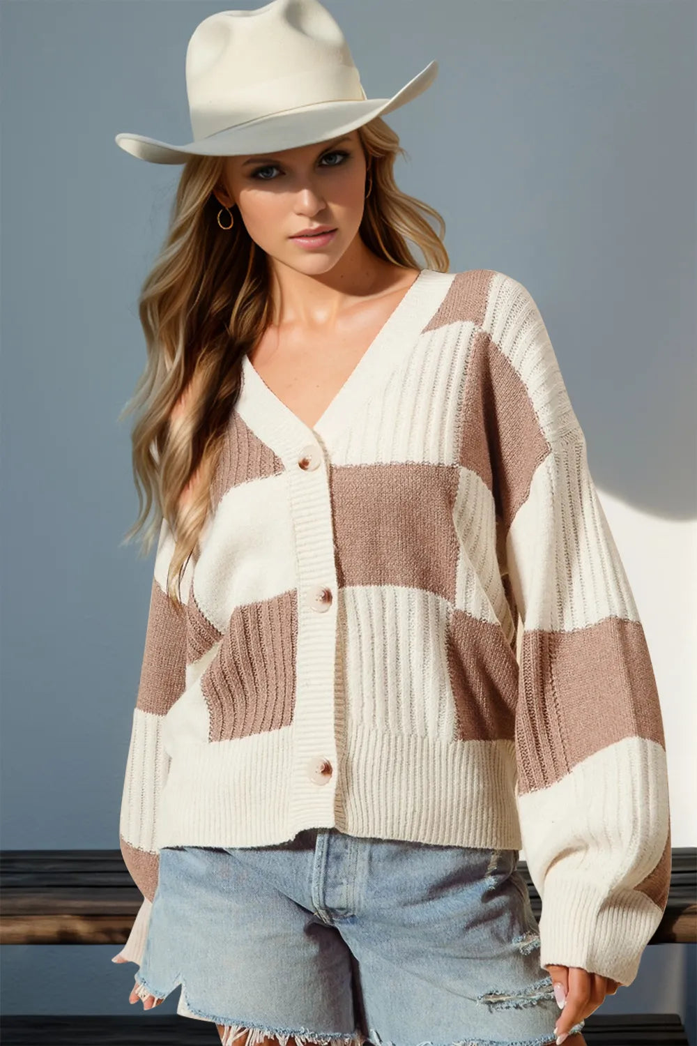Checkered Button-Up Cardigan Sweater for Women
