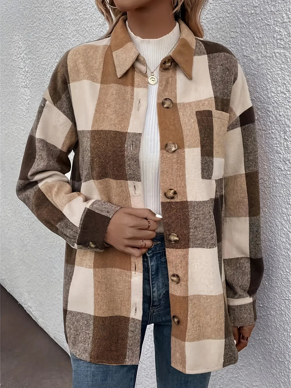 Plaid Collared Neck Shacket, Curved Hem Design