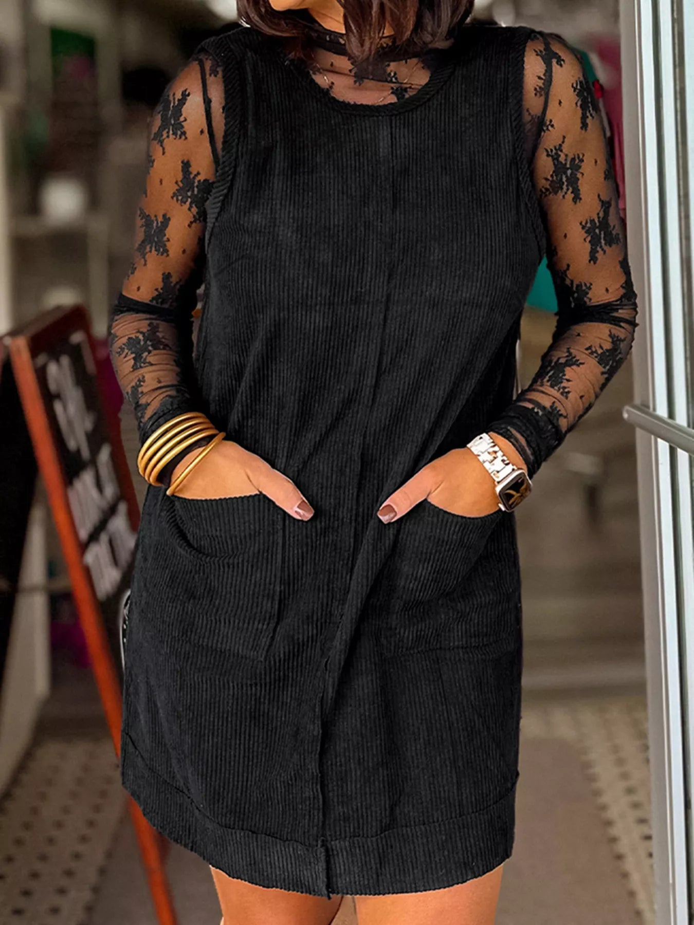 Black Corduroy Mini Dress with Patched Pockets