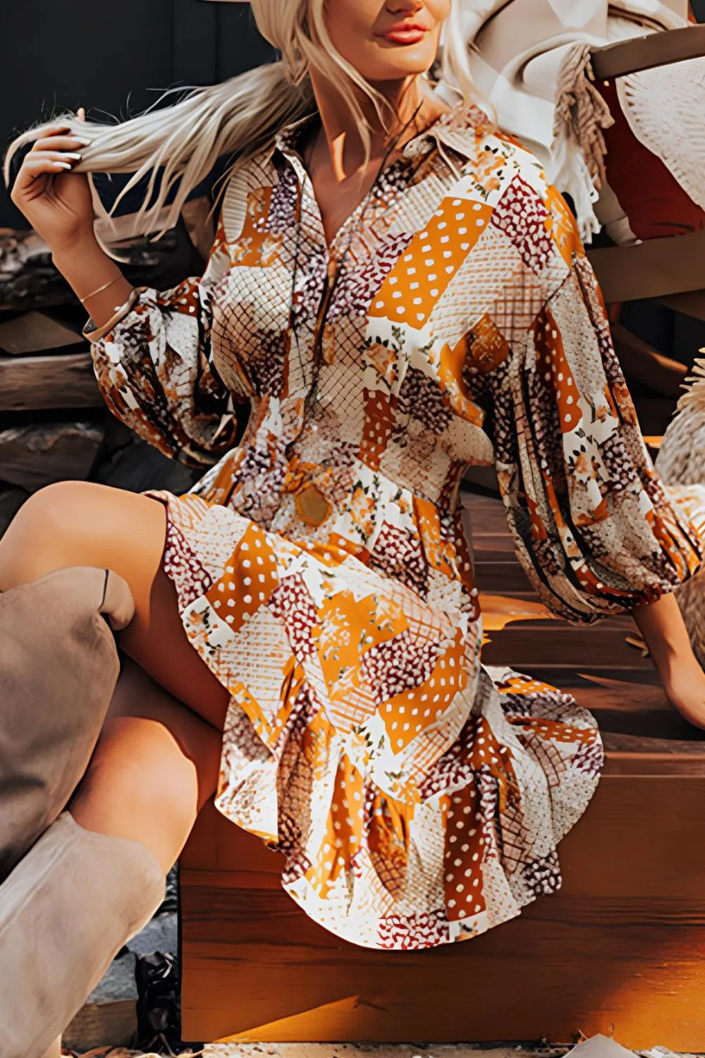 Tangerine Collared Neck Mini Shirt Dress