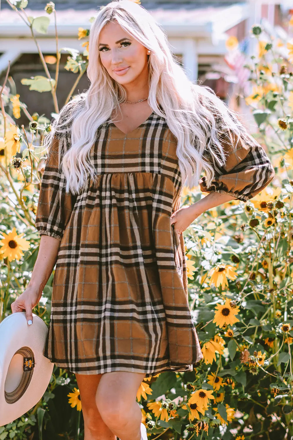 Caramel V-Neck Balloon Sleeve Dress for Women