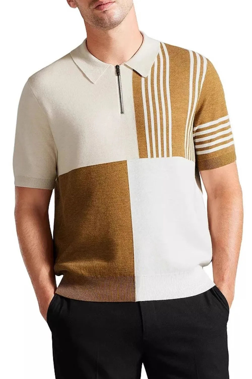 Mens Color Block Polo Shirt Plus Size Black & Taupe Options