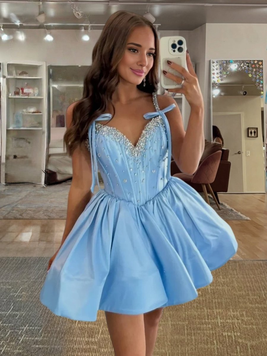 Sky Blue Satin A-Line Beaded Homecoming Dress with Bow